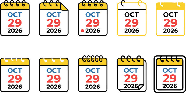 October 29 2026 Calendar Icon Collection with Daily Date Pages, Planner Schedule Symbols, Reminder Templates, and Editable Vector Design Set