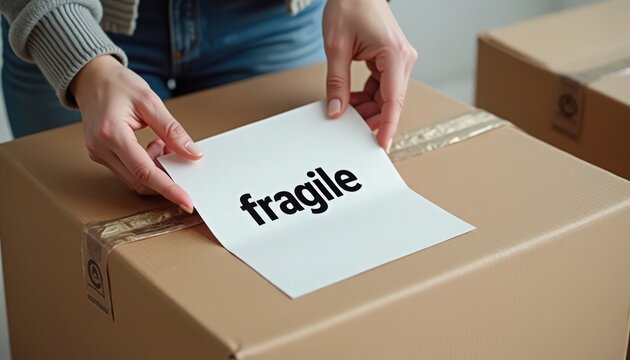 Applying fragile label on cardboard box during packing process for safe shipping. Fragile packaging includes careful handling instructions and protection for delicate items.