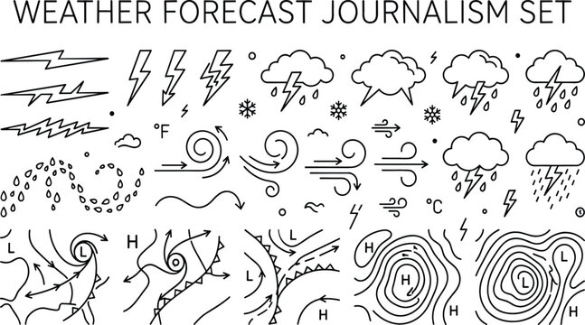Weather Forecast Journalism Icon Set with Lightning, Storm Cloud, Wind, Rain, Snowflake, Pressure Map, and Isobar Symbols