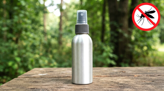 A mosquito repellent spray bottle is standing on a wooden surface outdoors with a forest background and a no-mosquito sign. for advertising insect protection, travel products, camping gear