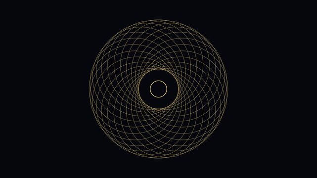 Golden geometric mandala animation: abstract circular spirograph pattern on dark 4k background