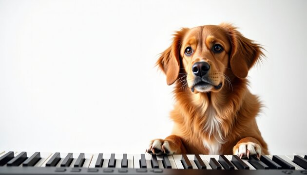 Dog playing keyboard in music studio with focused expression. Dog engages with musical keys, creating lively atmosphere and showcasing unique talent. Concept of pet entertainment in creative settings.