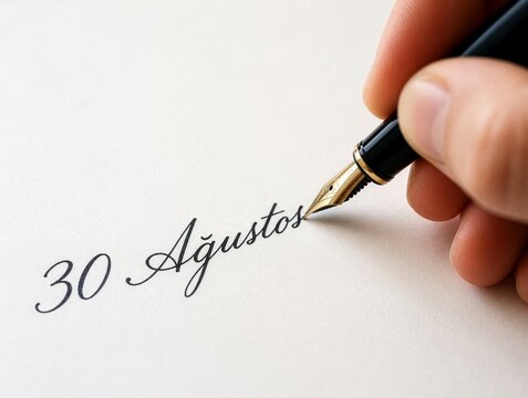 Hand writing 30 Ağustos with fountain pen on white paper, concept of Turkish Victory Day Zafer Bayrami celebration