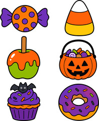 Fototapeta premium Halloween Candy Doodle Clipart – Candy Corn, Cupcake, Donut and Trick or Treat Vector Set