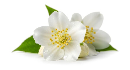 Fototapeta premium Delicate Jasmine Blossoms with Dew Drops in Soft Natural Light Against a Clean White Background