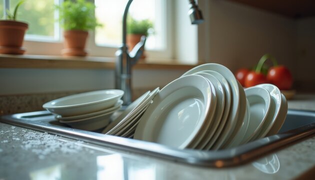Clean dishes in kitchen sink with fresh tomatoes on countertop. Stack of clean plates and bowls in sink, reflecting daily household chores. Ideal setup for kitchen cleanliness and home cooking.