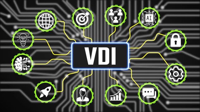 VDI Planning Technology Concept with Digital Business Icons Animation and Performance Tracking Interface HD Video animation