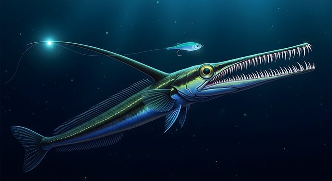 Deep sea dragonfish with bioluminescent lure hunts small prey in dark ocean depths