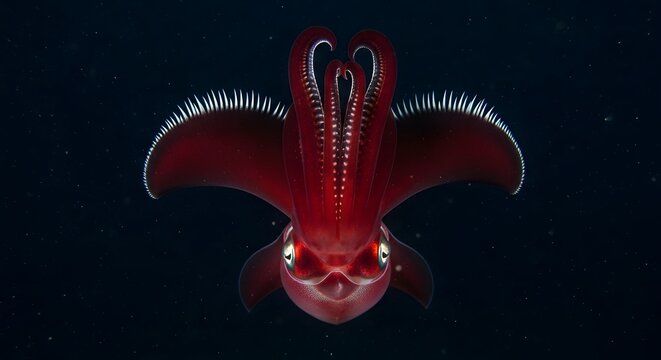 Deep sea vampire squid with glowing eyes in dark ocean abyss with bioluminescent plankton