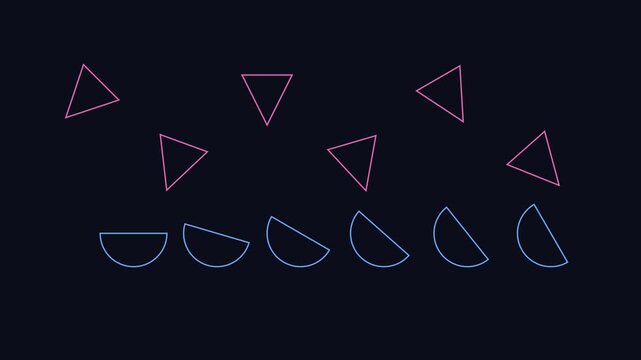 Minimalist abstract geometric animation with floating pink triangles and blue semicircles on dark 4k background