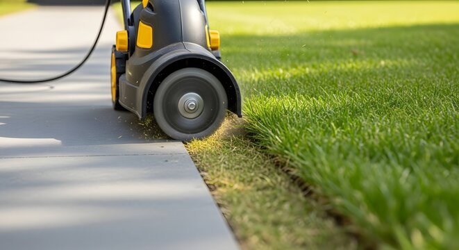 Electric lawn edger trimming grass along a concrete pathway with soft daylight illuminating the scene