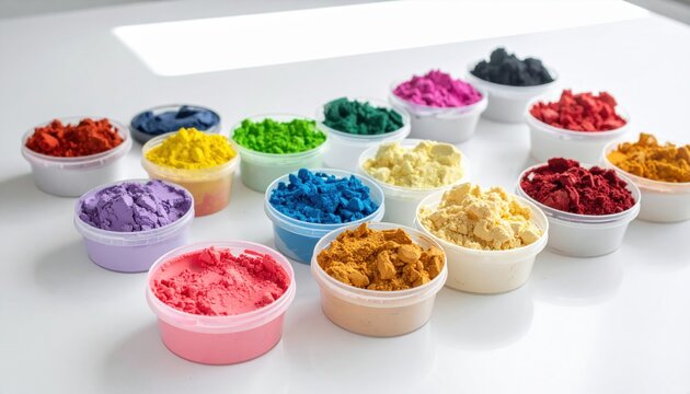 An assortment of colorful powdered art pigments in plastic containers arranged on a white surface, ready for creative use.