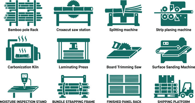 Industrial woodworking tools, factory equipment icons, carpentry machinery set, manufacturing process vector