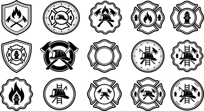 Set of fire department and firefighter emblems, badges, and logos featuring helmets, axes, fire hydrants, and flames transparent background