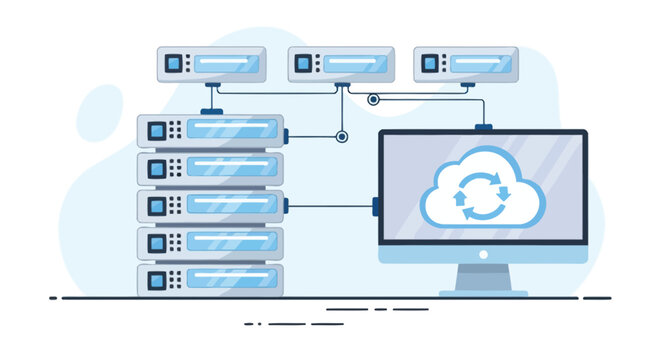 Data backup and server management concept, several server racks connected to a computer monitor displaying cloud sync icon.