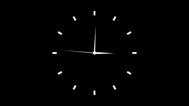 White clock on black background animation day time. Footage. Transparent background. Alpha channel.4K
