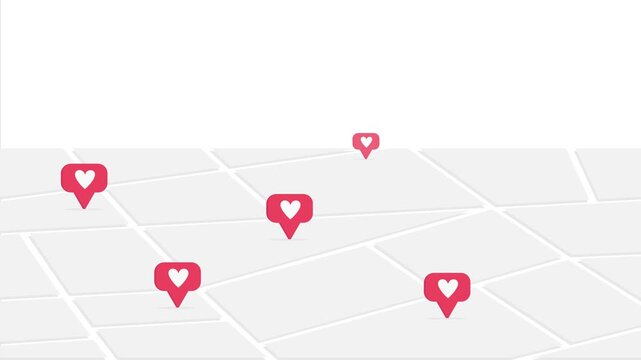 Heart location pins appear on a simplified gray map, representing favorite places, saved locations, place recommendations, and geolocation.