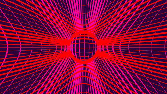 Abstract digital background with a glowing red and pink spherical distortion effect on a dark grid