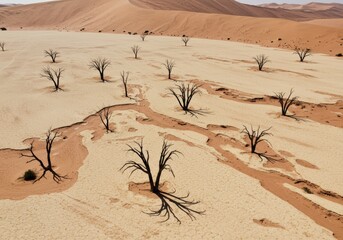 Obraz premium Aerial view of dead trees scattered across cracked white clay pan surrounded by red sand dunes in a barren desert