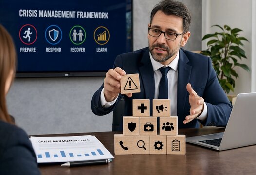 Crisis management strategy business consultant explaining framework and risk mitigation