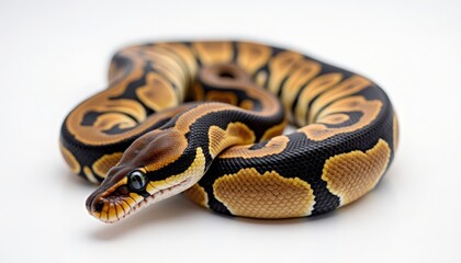Fototapeta premium Ball python in close-up view with striking black and orange patterns, showcasing unique scales and captivating beauty. Ball python demonstrates graceful curves and smooth texture.