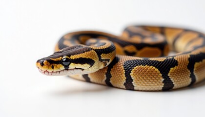 Fototapeta premium Ball python crawling on white background with striking patterns and colors. This ball python showcases its smooth skin and distinctive markings with vibrant shades of yellow and black.