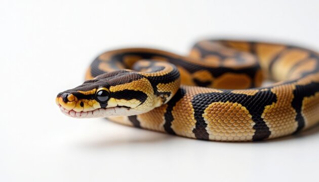 Ball python crawling on white background with striking patterns and colors. This ball python showcases its smooth skin and distinctive markings with vibrant shades of yellow and black.