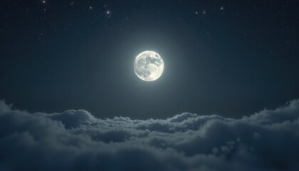 Naklejka premium Night sky with full moon shining brightly over fluffy clouds, creating serene atmosphere and tranquil ambiance. Full moon casts gentle light on clouds,