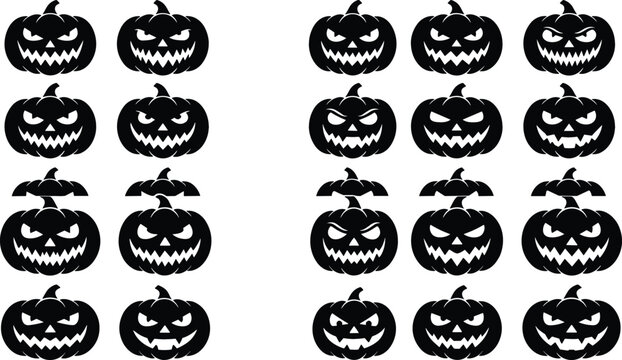 Scary Halloween Pumpkin Silhouette Icon Set Featuring Angry Jack O Lantern Carved Faces and Creepy Bat Symbols for Autumn Holiday Party Decoration Vector Graphics