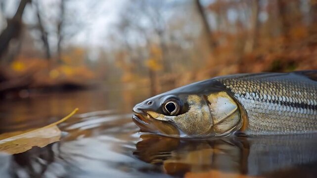 Close-up Fish Head Surfacing in Autumn River