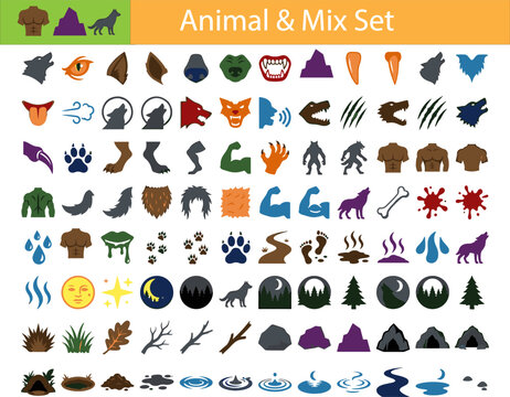 Animal and wild werewolf transformation mix icon set. Containing wolf profiles  animal eyes  claws  fangs  mountains  full moon  howling wolves  paw prints  scratches  caves  and more