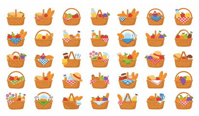 Obraz premium Cartoon Picnic Basket Collection with Food Flowers and Drinks Vector Illustration
