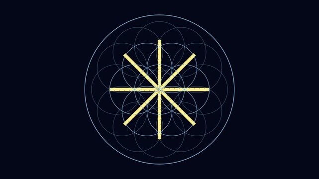 Sacred geometry flower of life animation: rotating golden star pattern on dark 4k background, golden ratio
