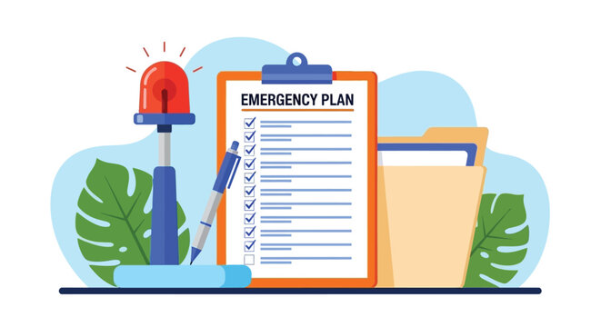 Emergency plan clipboard checklist with red flashing alarm light and folders on background symbolizing urgent preparedness and crisis management strategy for unexpected situations.
