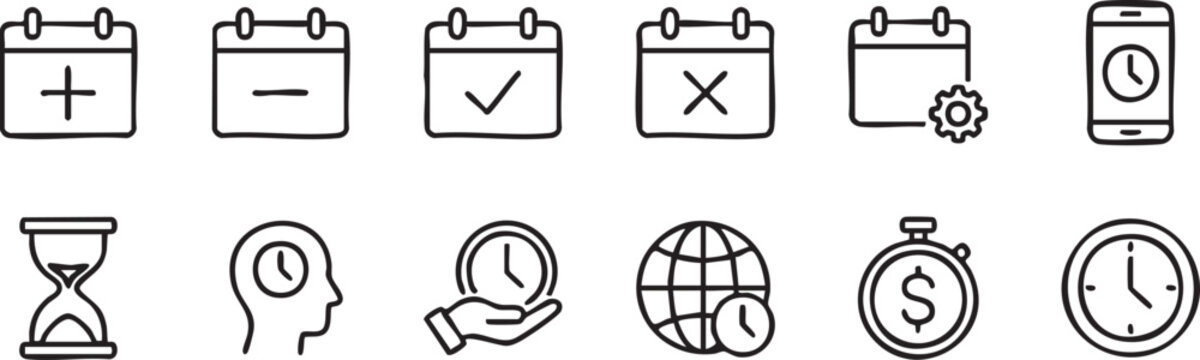 Time And Calendar Icons Black Line Style On White Background