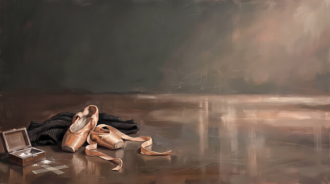 Ballet Shoes on Empty Stage With Copy Space