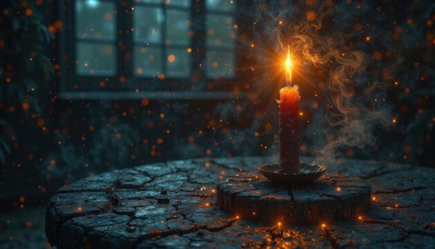 Candle burning on rustic table with glowing light and swirling smoke, creating a warm atmosphere in dimly lit room. Candle flame illuminates surroundings, enhancing cozy mood for interior design.