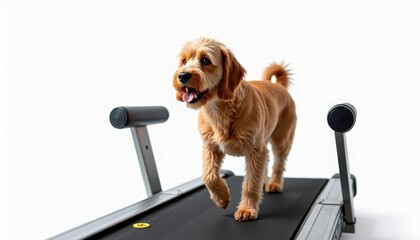 Plakat Dog walking on treadmill for exercise and fitness, active dog enjoying workout routine on home fitness equipment. Dog treadmill exercise promotes health and fitness for pets in home environment.