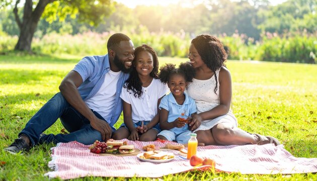 A Joyful Family Enjoys a Sunny Summer Picnic Together in a Lush Green Park