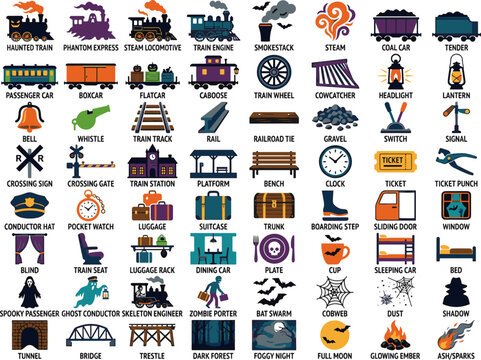 Spooky Halloween train station and haunted phantom express icon set. Containing steam locomotives, passenger cars, conductor hats, luggage suitcases, ghosts, zombies, bats, cobwebs, and many more