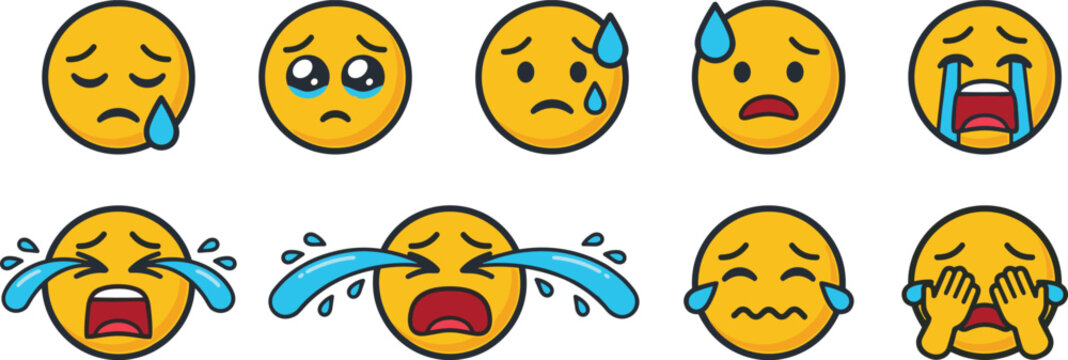 Crying Emoji Face Collection with Sad, Tearful, Sobbing and Emotional Cartoon Emoticon Expressions Vector Set