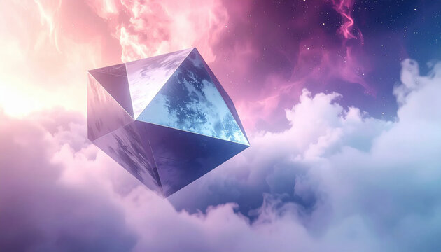 A glowing geometric crystal floats serenely amidst ethereal pink and purple nebula clouds in vast cosmic space, evoking wonder.
