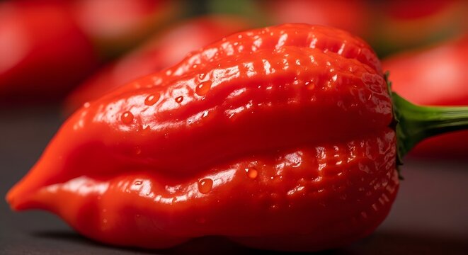 Fiery Red Ghost Pepper with Water Droplets in Selective Focus Macro Lighting for Culinary Concepts