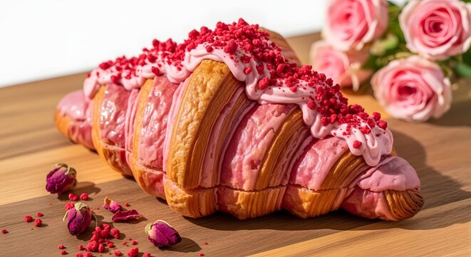 Flaky raspberry croissant with pink icing and freeze-dried berries on a wooden board with roses