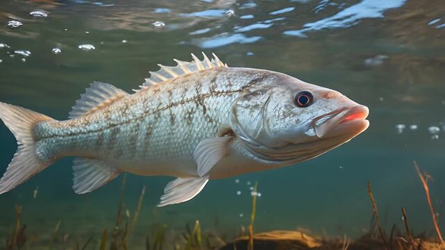Underwater bass fish swimming in freshwater lake