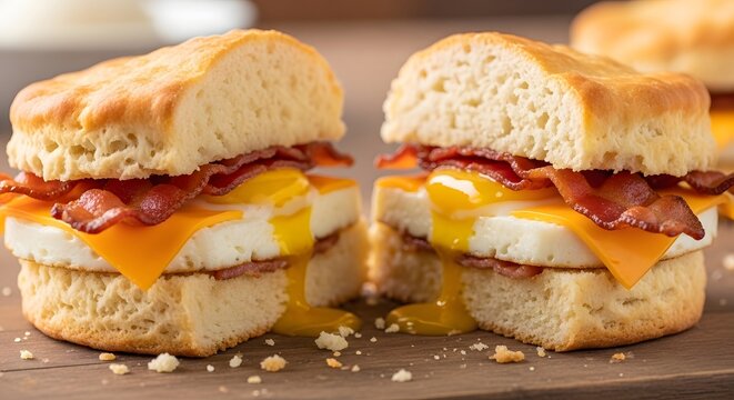 Fluffy biscuits with crispy bacon fried egg and melted cheese on a wooden surface with soft lighting