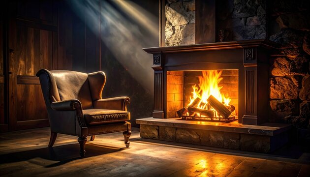 Warm leather armchair bathed in firelight next to a crackling fireplace in a cozy room