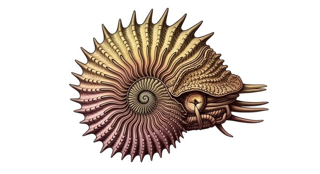 Fossil ammonite shell with intricate spiral chambers and textured exterior against a clean white background