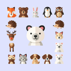 Fototapeta premium Cute Animal Faces Collection: Fox, Bear, Penguin, Owl, Rabbit, Hedgehog, Deer, Dog, Cat