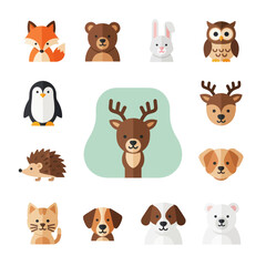 Fototapeta premium Cute Animal Faces Collection - Fox, Bear, Rabbit, Owl, Penguin, Deer, Dog, Cat, Hedgehog